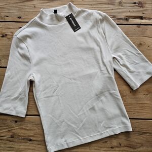 Express Cream Fitted 3/4 Sleeve Mandarin Collar Top
